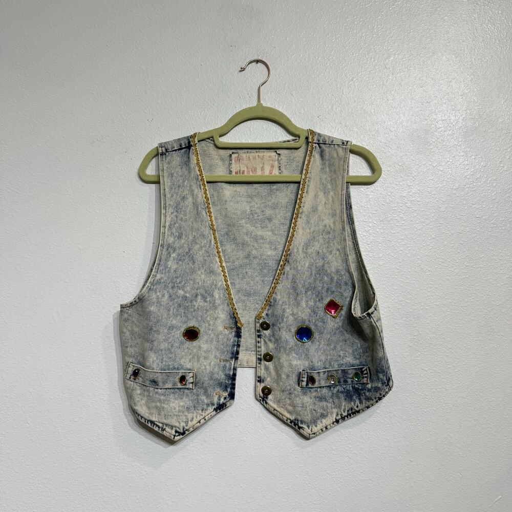 Centz Blue Acid Wash Embellished Vintage Denim Vest Sz M - Picture 2 of 11